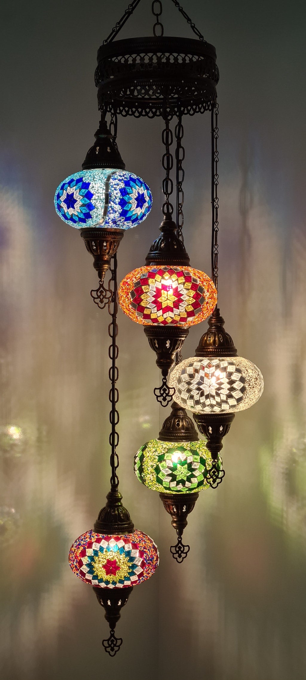 Open Chandelier 5 Mosaic Turkish Glass Lamps with Brass