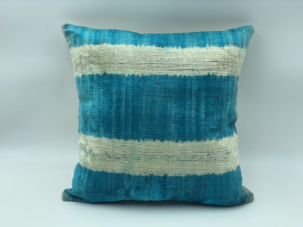 Velvet Cotton & Silk IKAT Cotton Back Single Cushion Cover -Blue Lines