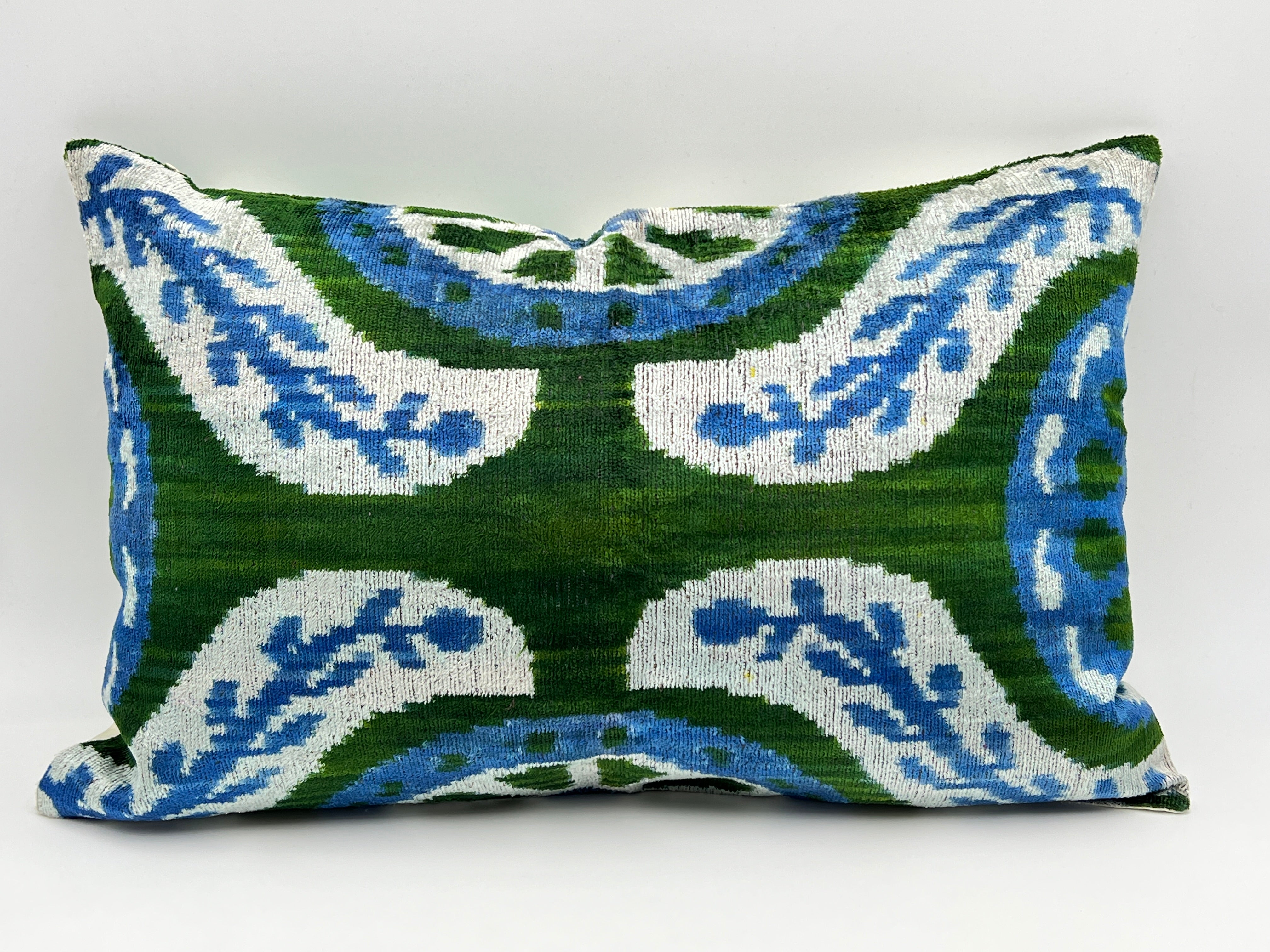 Set of 2 Velvet Double IKAT Silk Back Cushion 60x40 CM - Sage Blue Floral