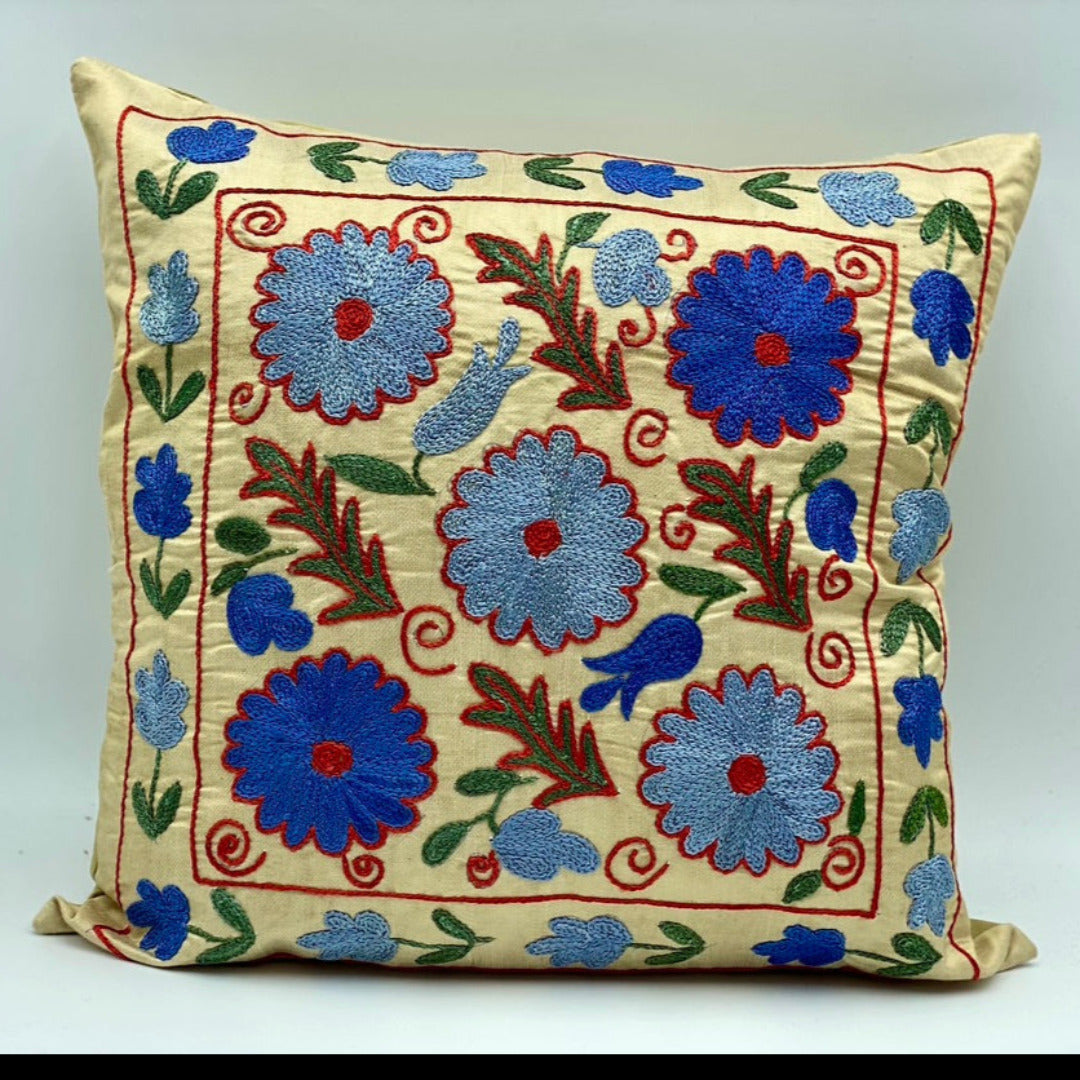 Suzani Silk Pillow Cover Handmade Cushion Cover - Blue Flowers