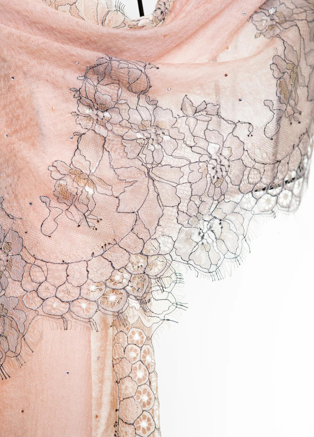 Sparge Cashmere Shawl with French Lace & Crystal - Pink Sage