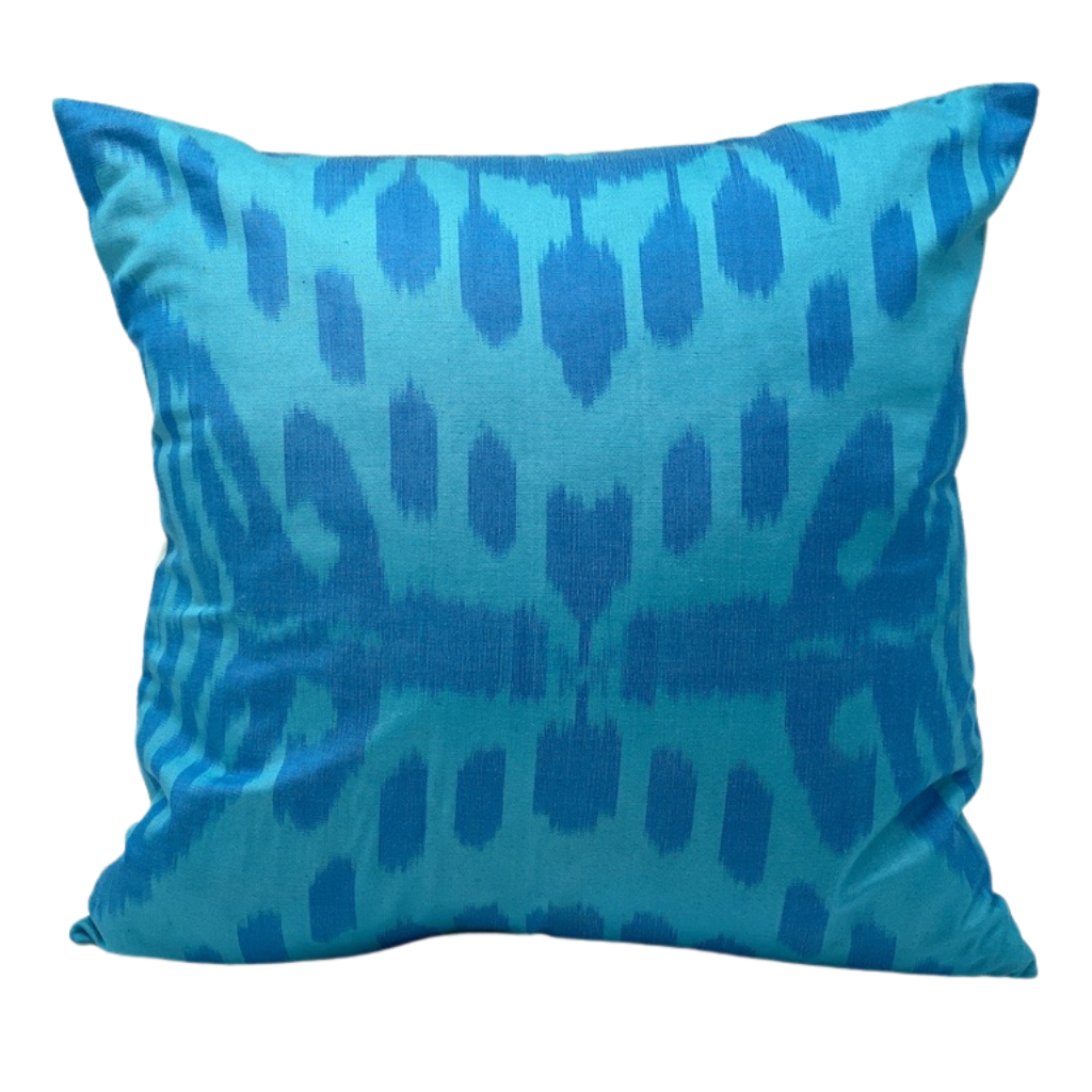 One Side IKAT Cotton Silk Mix Cushion Cover - Sea Blue