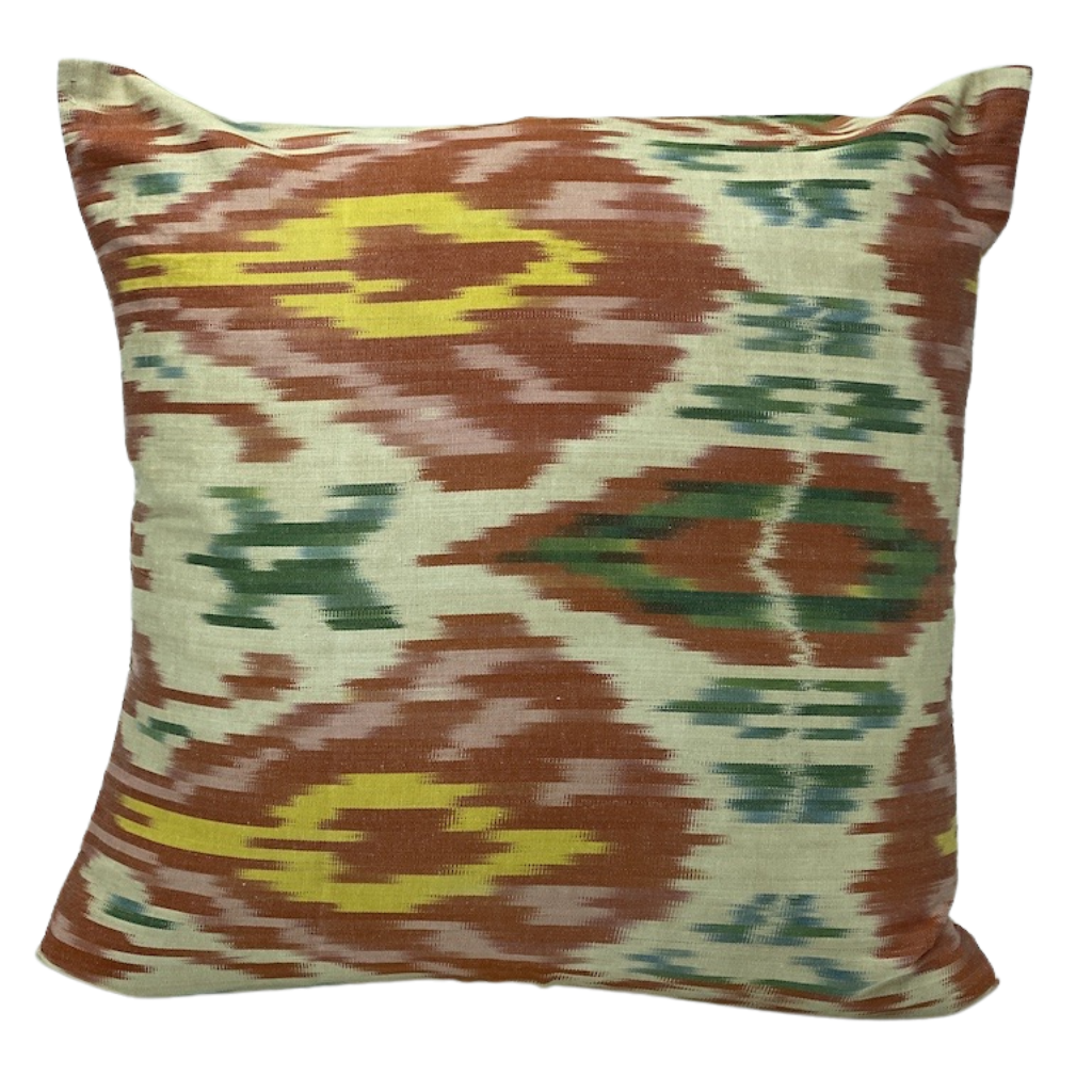 One Side IKAT Cotton Silk Mix Cushion Cover - Cream Red Yellow