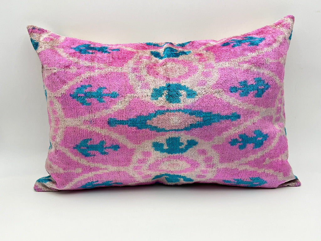 Set of 2 Velvet Double IKAT Silk Back Cushion 60x40 CM - Pink Blue Eye