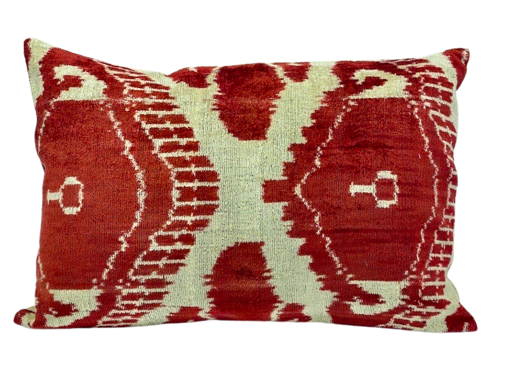 Velvet IKAT Double Pillow Cover Cotton Back 60 CM X 40 CM - Red Beige UFO