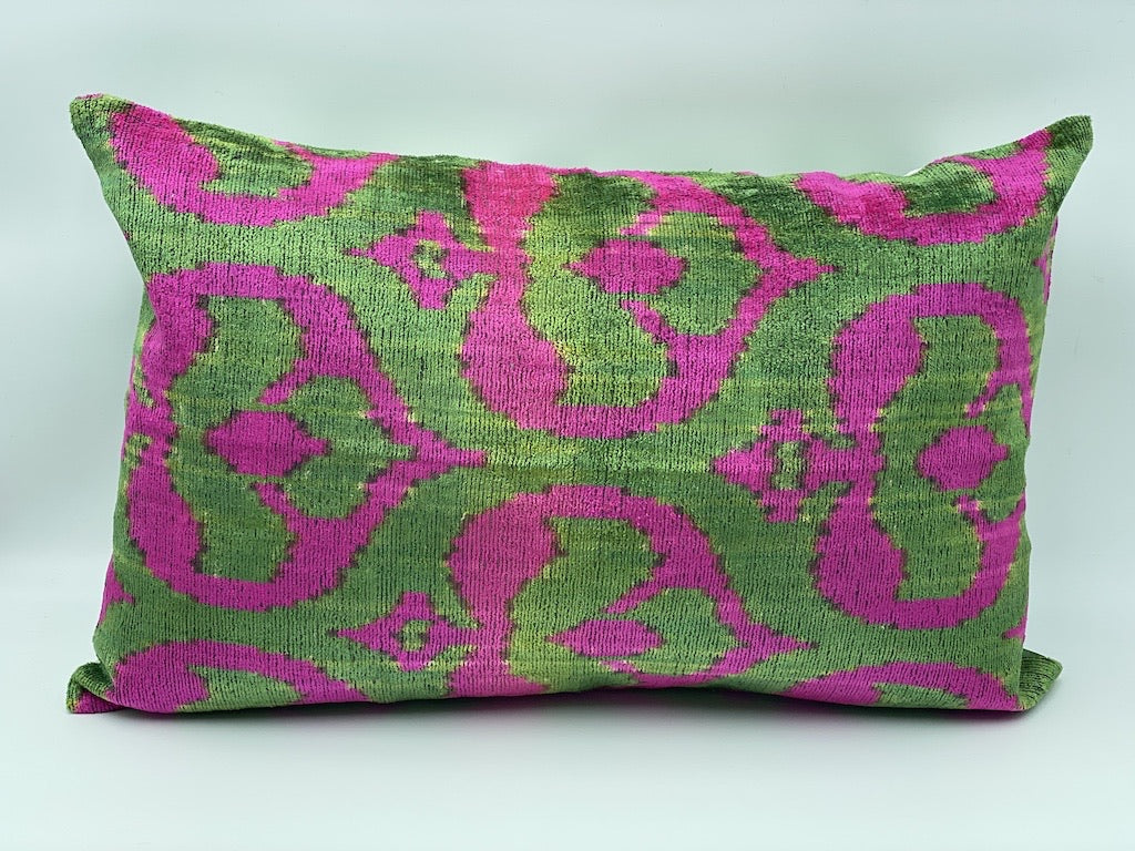 Velvet Double IKAT Silk Back Cushion Cover (60*40) CM - Fuschia Green