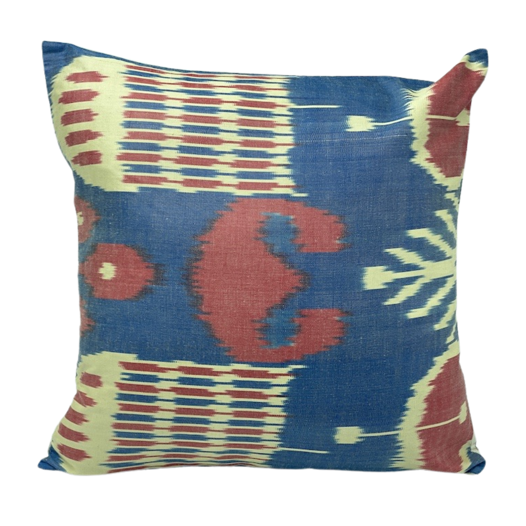 One Side IKAT Cotton Silk Mix Cushion Cover - Blue Red Cream Cage