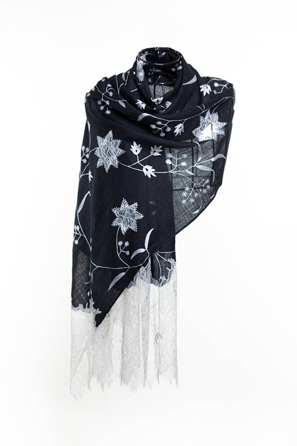 Border Lace & Embroidery Floral Sheer Shawl - Black & White
