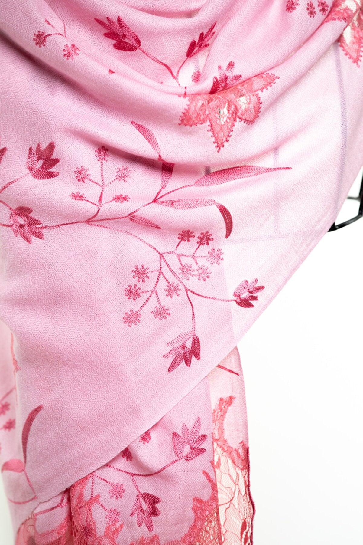 Border Lace & Embroidery Floral Sheer Shawl - Pink Flamingo