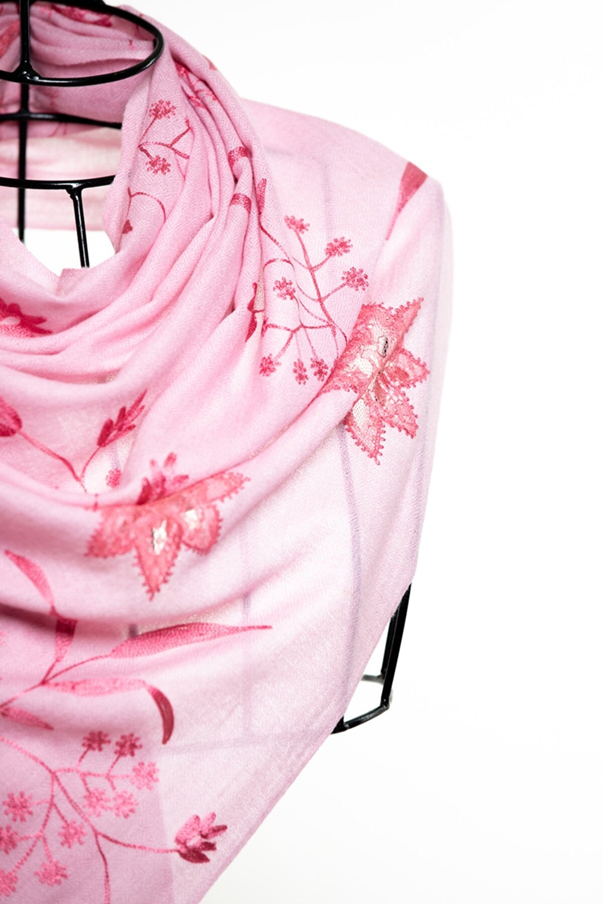 Border Lace & Embroidery Floral Sheer Shawl - Pink Flamingo
