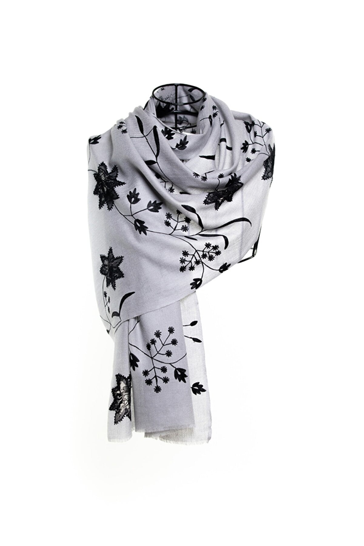 Lace & Embroidery Floral Sheer Shawl - Gray Black