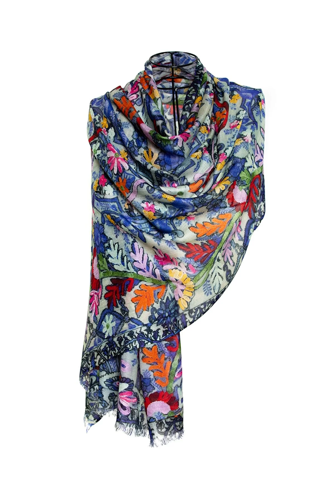 Micro Modal Cashmere Printed Embroidery Shawl Mo-Shmere - Blue Carnation
