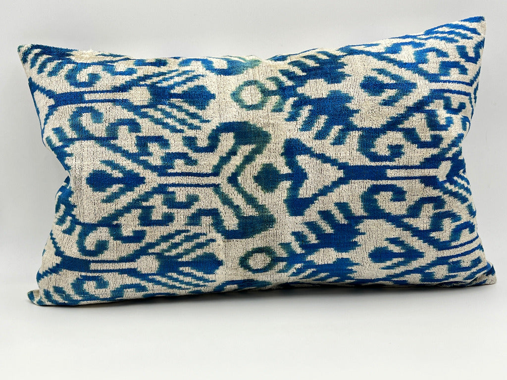 Velvet Double IKAT Silk Back Cushion (60*40) CM - Tribal Blue