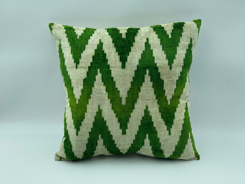 Velvet Cotton & Silk IKAT Cotton Back Single Cushion Cover -Green Zag