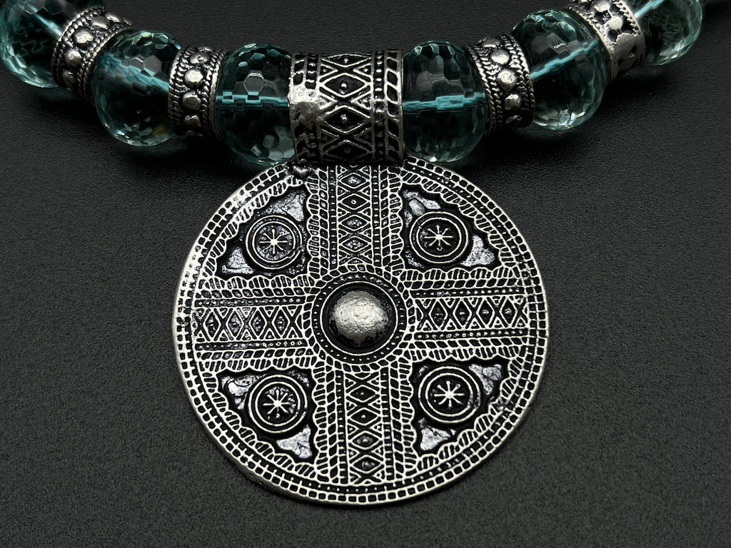 Handmade Vintage Necklace - Aquamarine Byzantine Cross