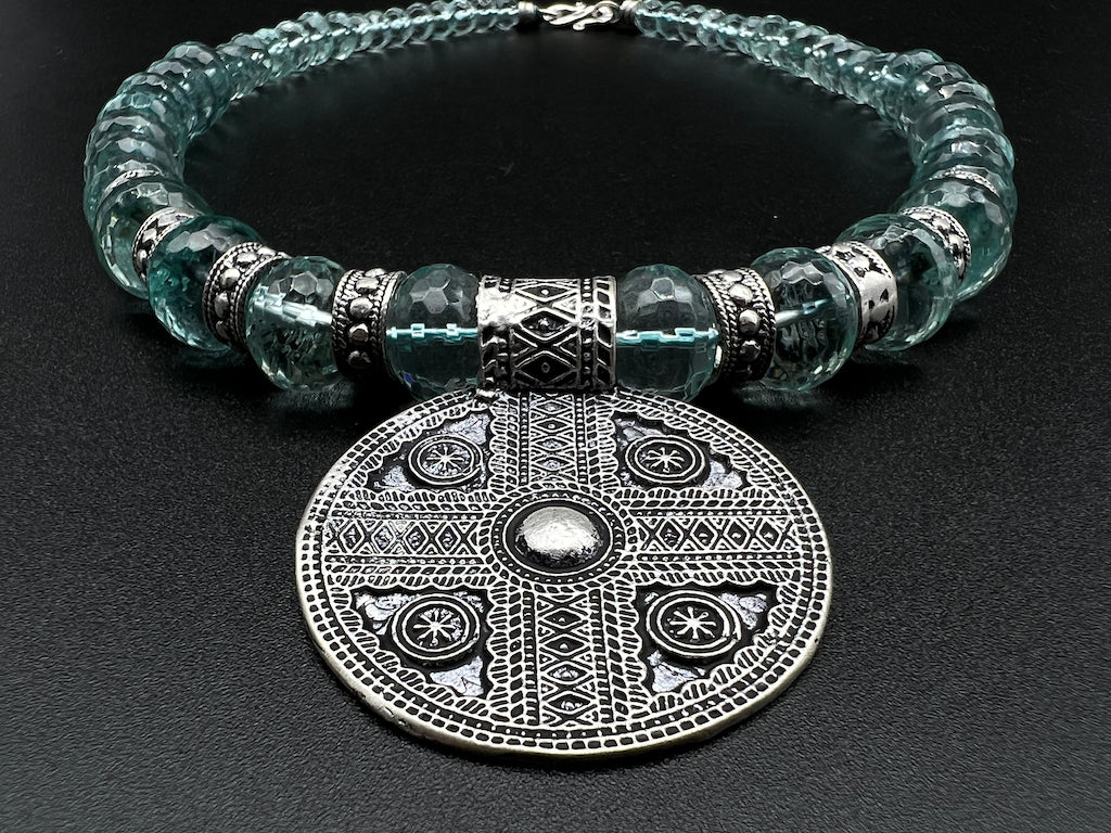 Handmade Vintage Necklace - Aquamarine Byzantine Cross