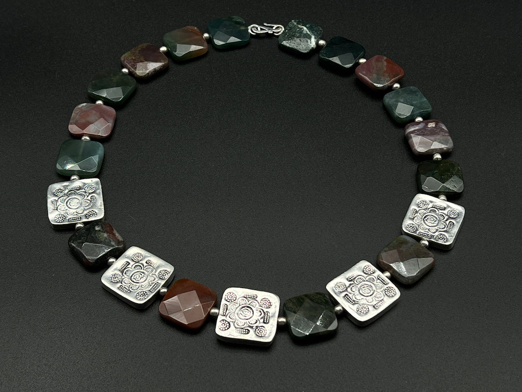 Handmade Vintage Necklace - Tourmaline Flat Byzantine Squares Necklace