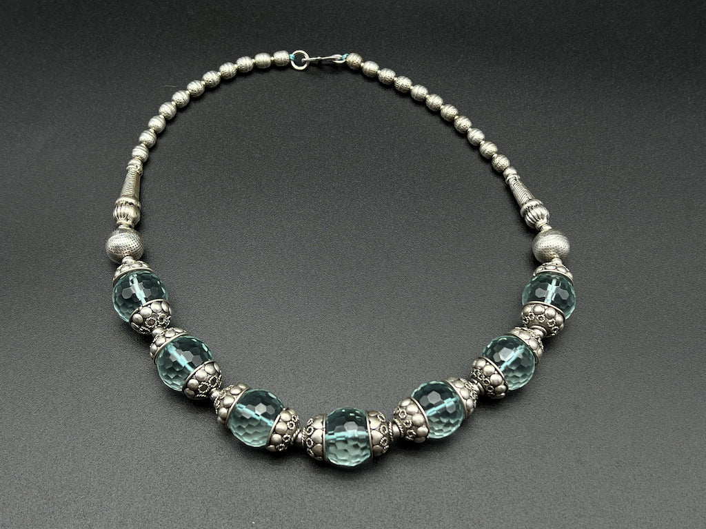 Handmade Vintage Necklace - Seven Aquamarine Spheres