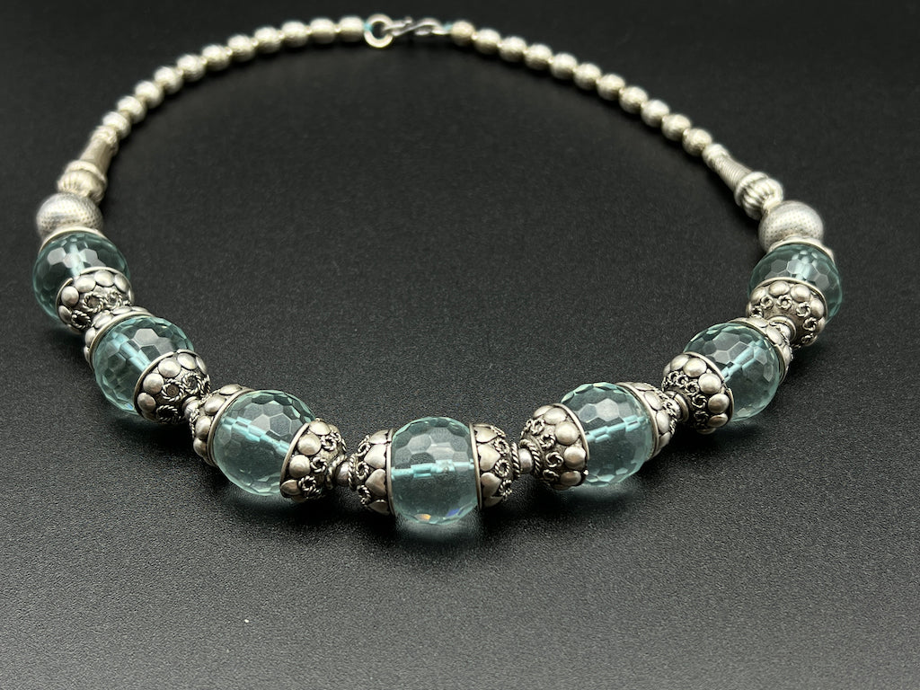 Handmade Vintage Necklace - Seven Aquamarine Spheres