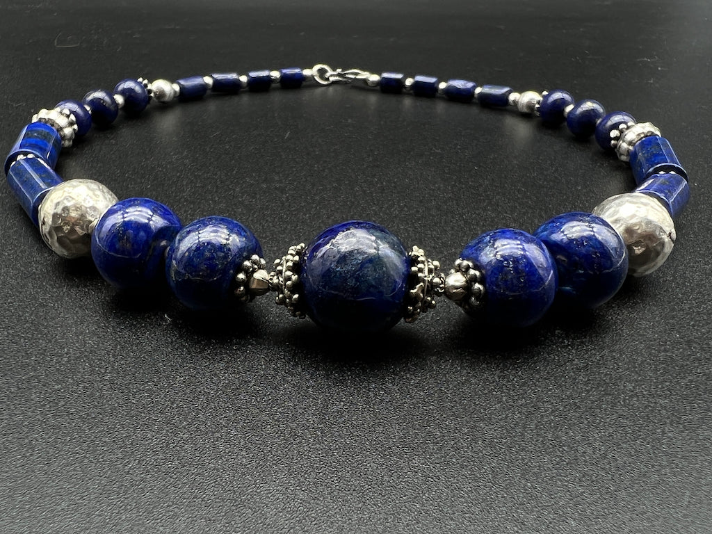Handmade Vintage Necklace - Lapis Lazuli Cylinder & Spheres symmetry