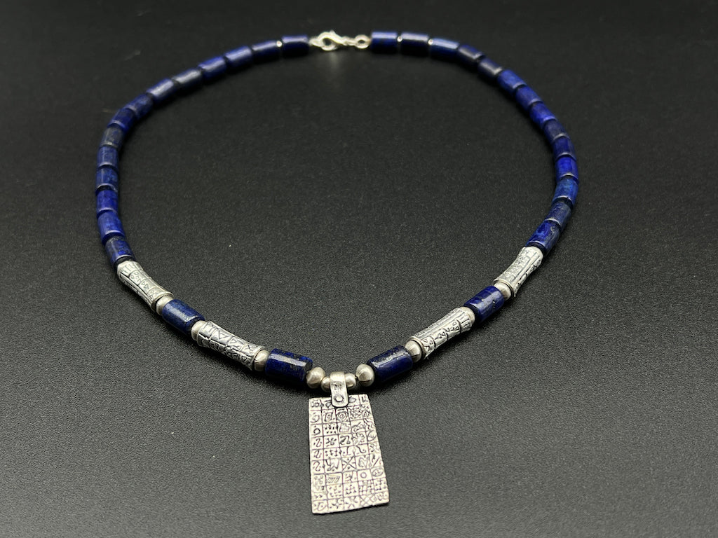 Handmade Vintage Necklace - Phoenician Tablet Thick Cylinders Lapis Lazuli