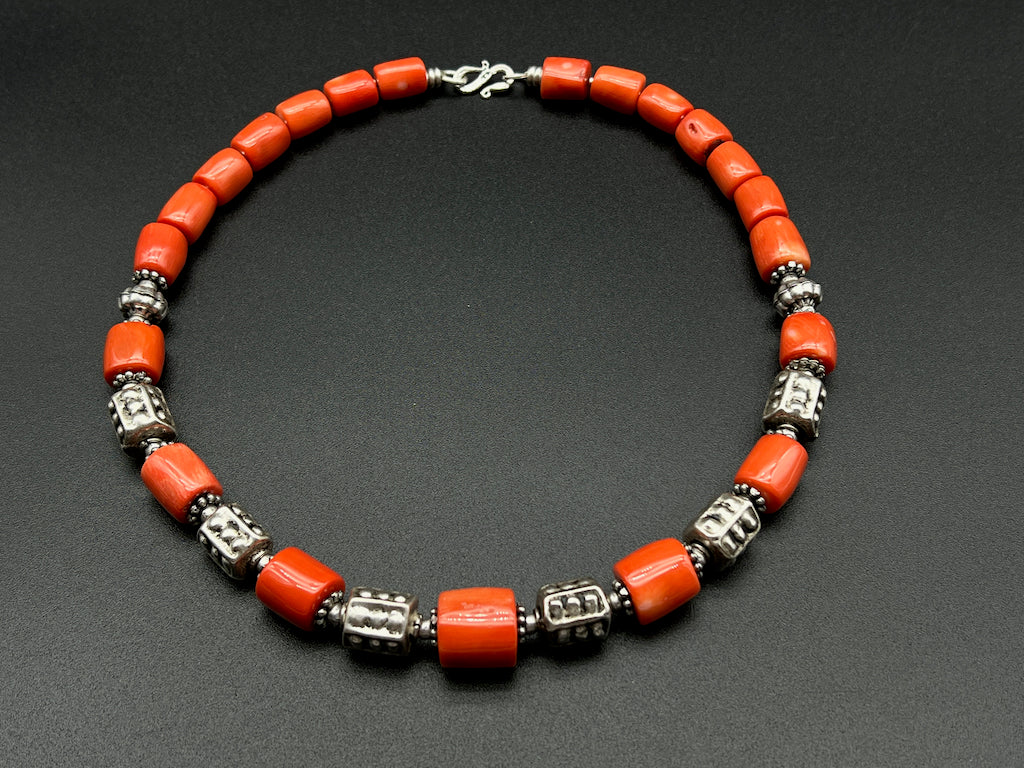 Handmade Vintage Necklace - Cylinder Coral Byzantine Necklace