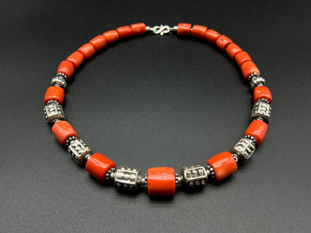 Handmade Vintage Necklace - Cylinder Coral Byzantine Necklace