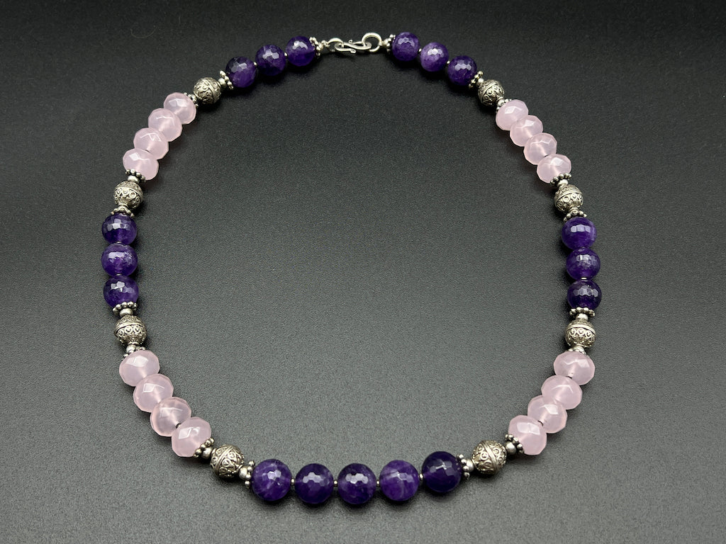 Handmade Vintage Necklace - Amethyst Rose Quartz Spheres Necklace