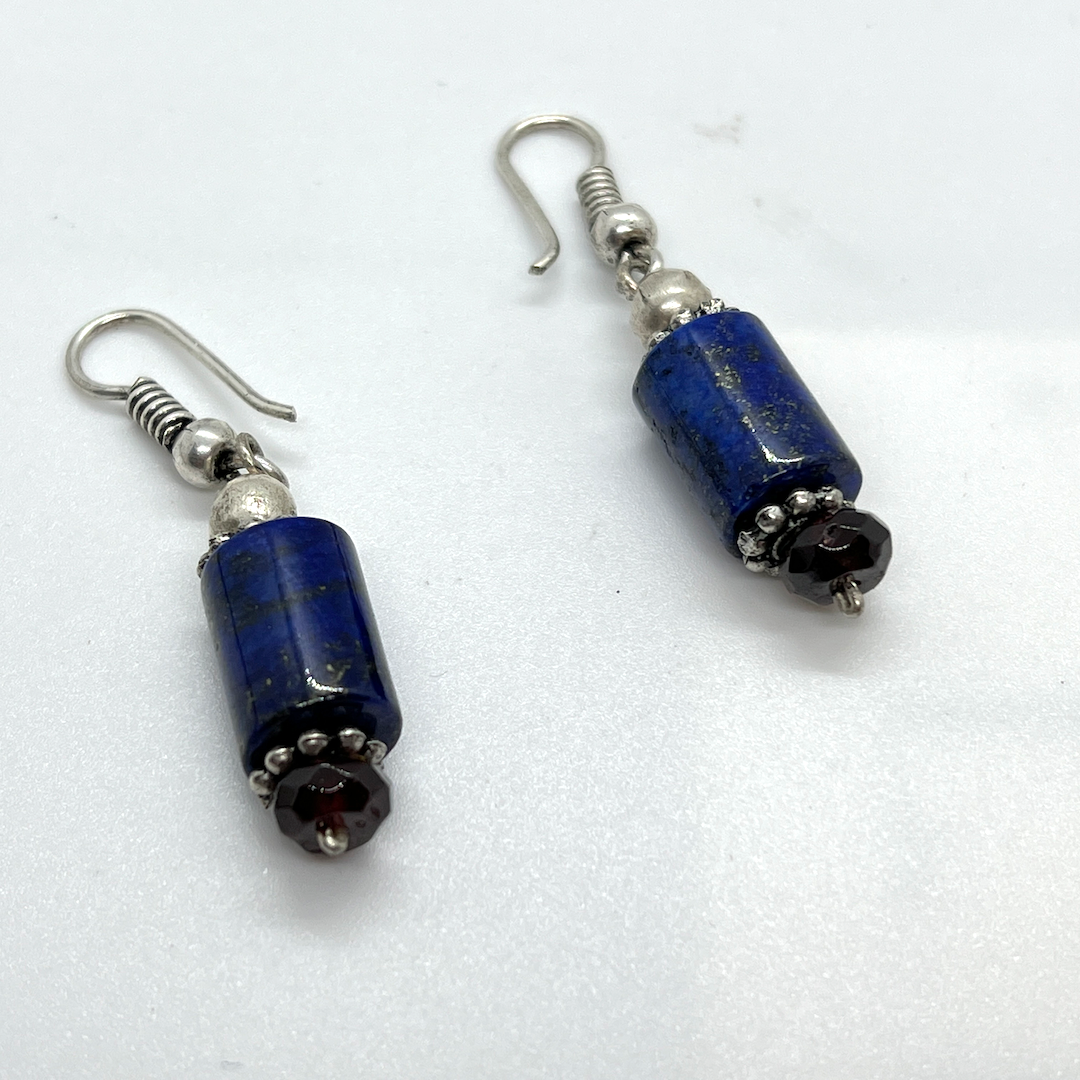 Handmade Aleppo Vintage Earring - Lapis Cylinder Garnet Finish