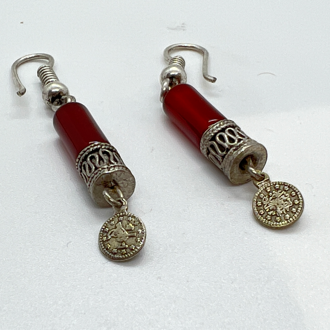 Handmade Aleppo Vintage Earring - Jasper Cylinder Dangle 2 Bone Embroidery