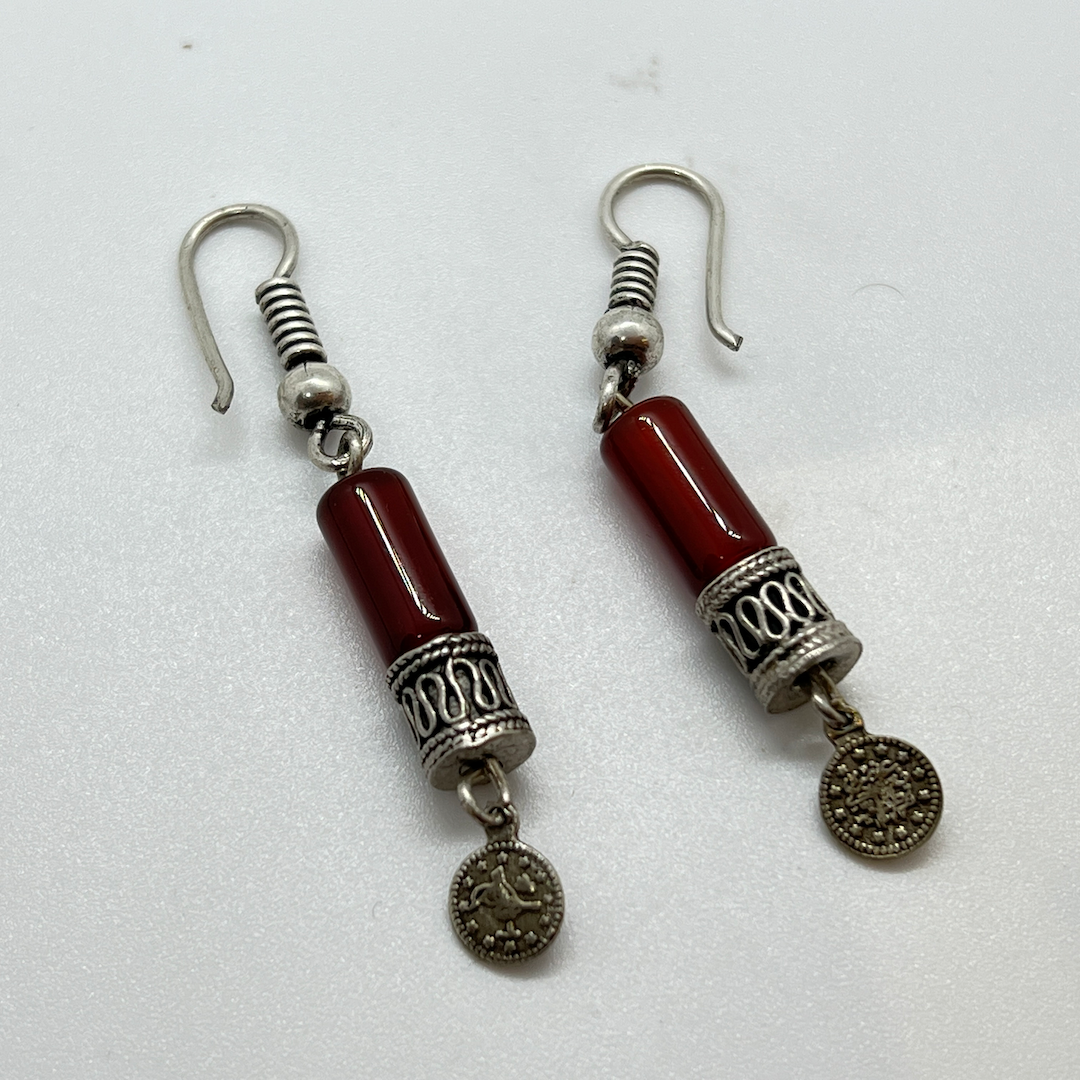 Handmade Aleppo Vintage Earring - Jasper Cylinder Dangle 2 Bone Embroidery