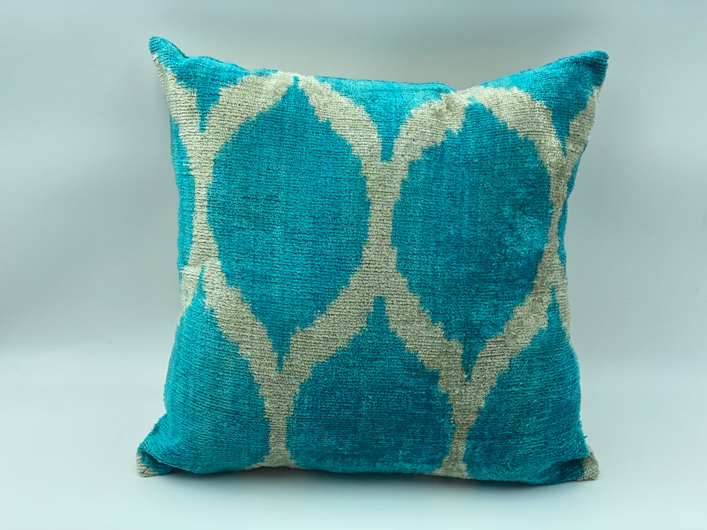 Velvet Cotton & Silk IKAT Cotton Back Single Cushion Cover -Blue Seed