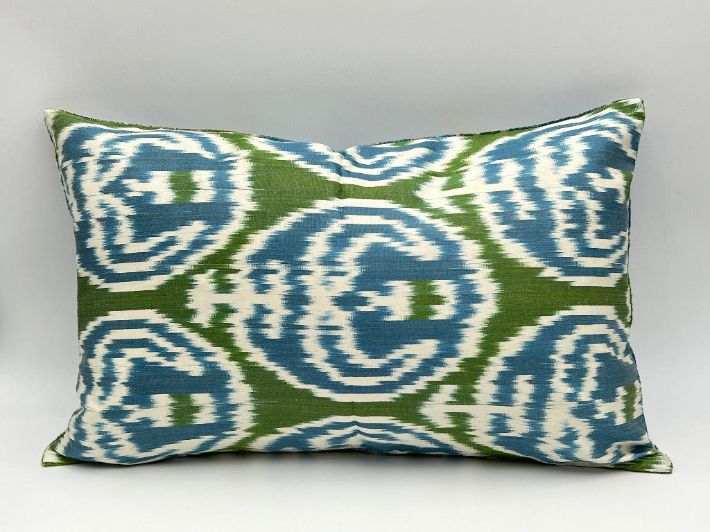 Set of 2 Velvet Double IKAT Silk Back Cushion 60x40 CM - Green Blue Abstract
