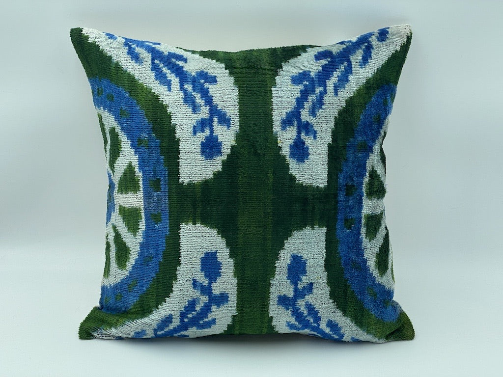 Velvet Cotton & Silk IKAT Cotton Back Single Cushion Cover -Forest Blue