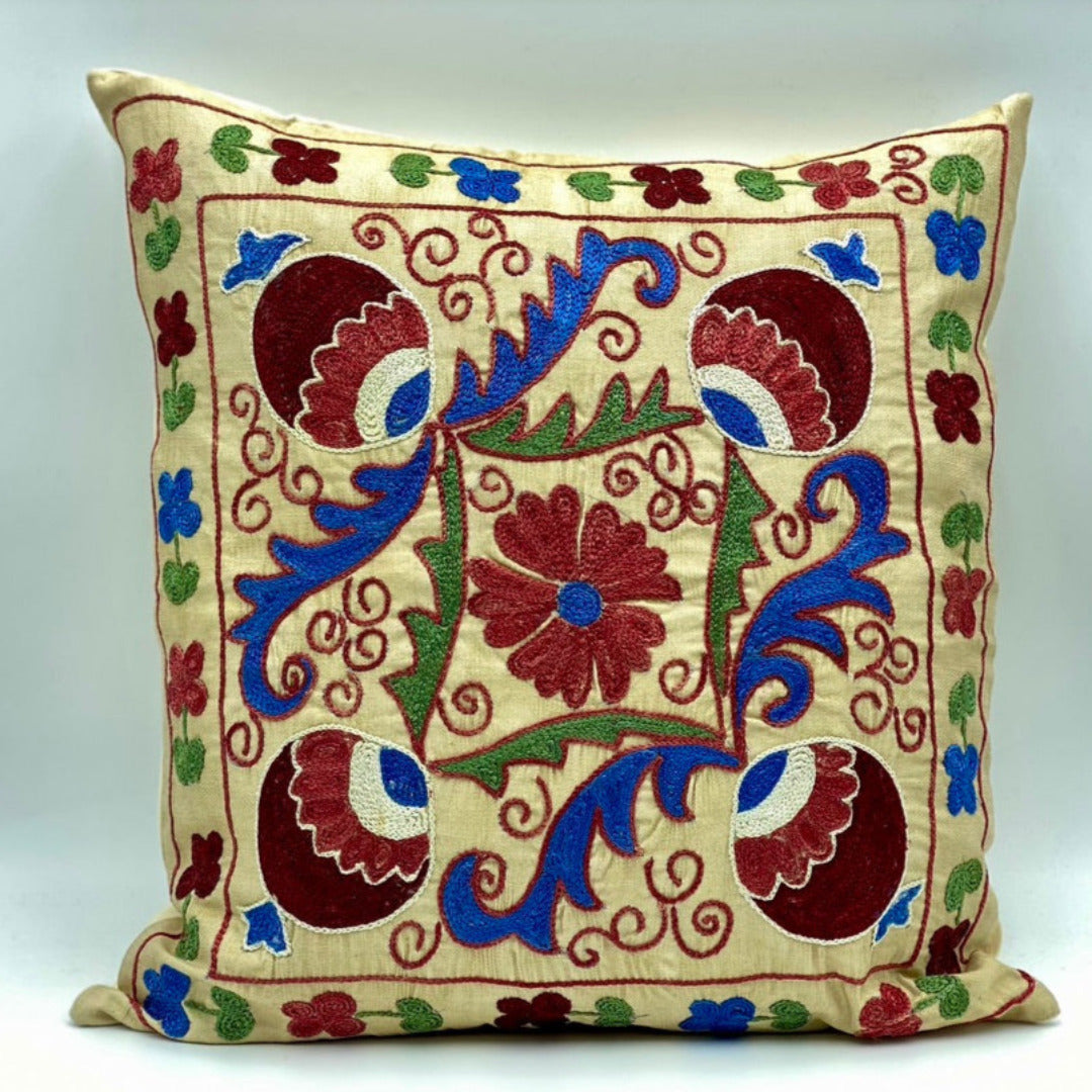 Suzani Silk Pillow Cover Handmade Cushion Cover - Pomegranate Side Taupe