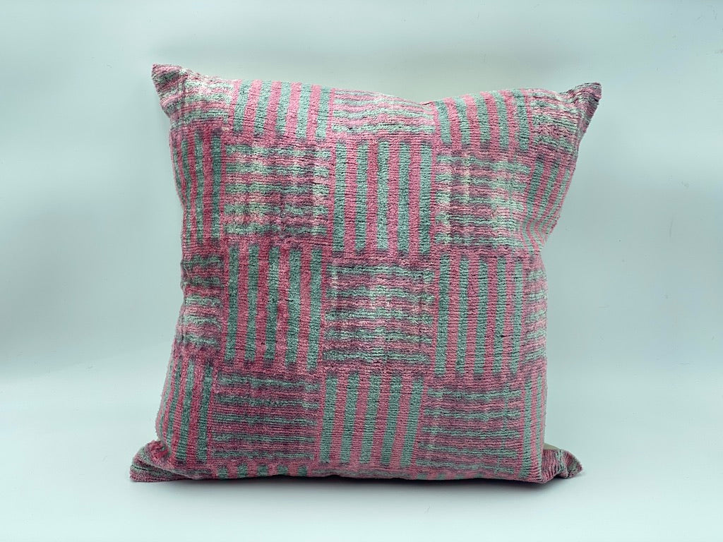 Set of 2 Velvet Silk IKAT Cotton Back 40x40 CM Cushion Cover -Pink Gray
