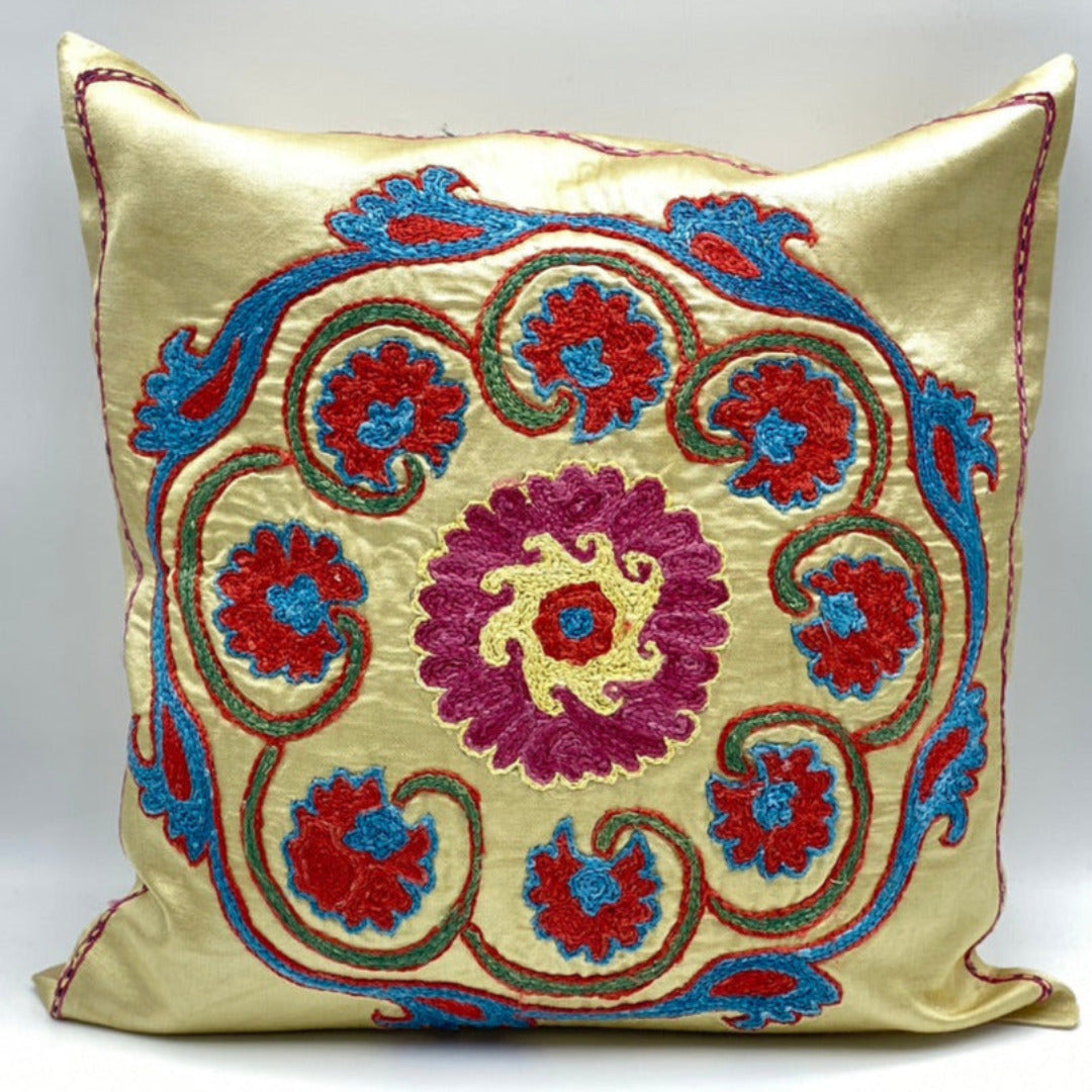 Suzani Silk Pillow Cover Handmade Cushion Cover - Golden Carnation
