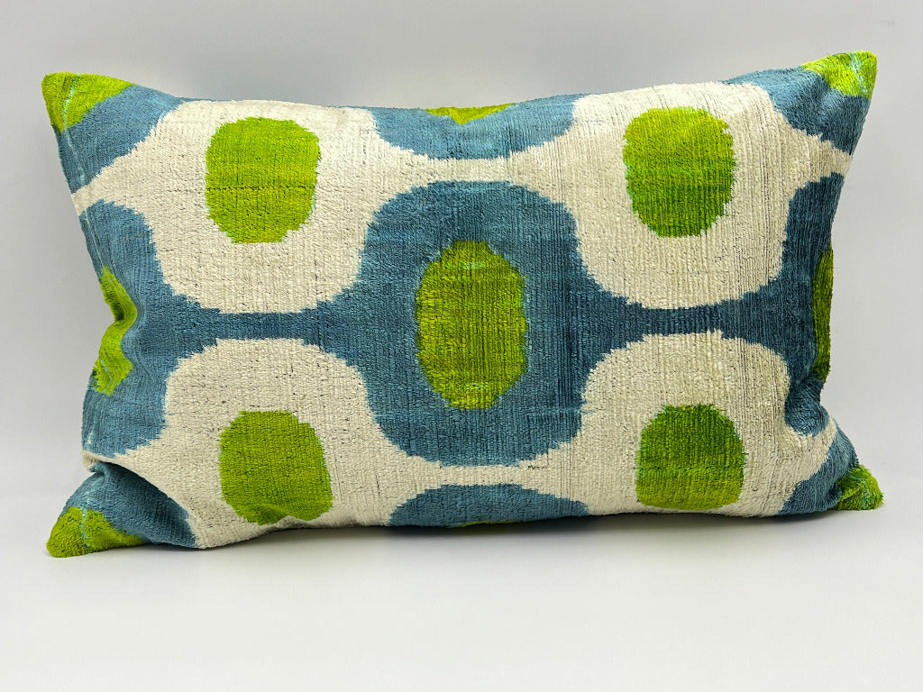 Velvet Double IKAT Silk Back Cushion Cover (60*40) CM - Green Blue Circle