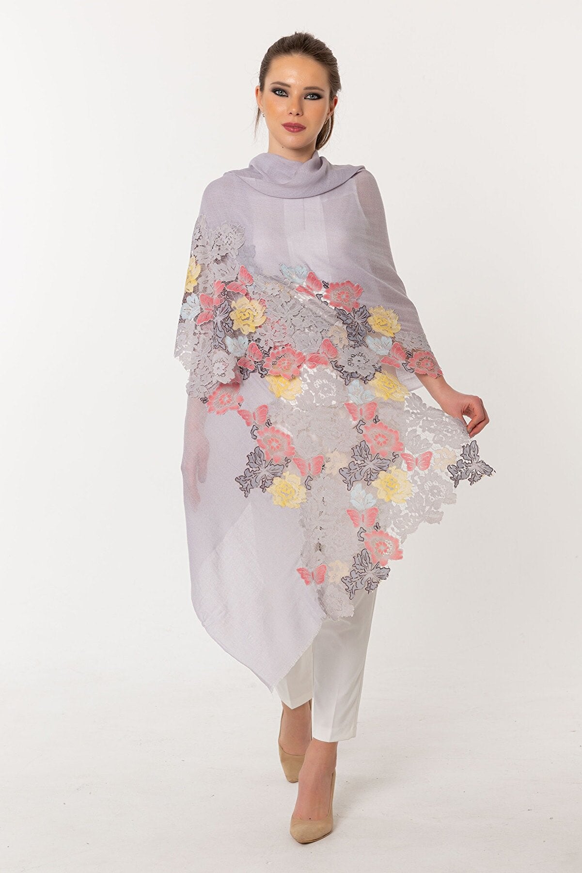 French Lace Cashmere Rose Shawl - Gray Rose
