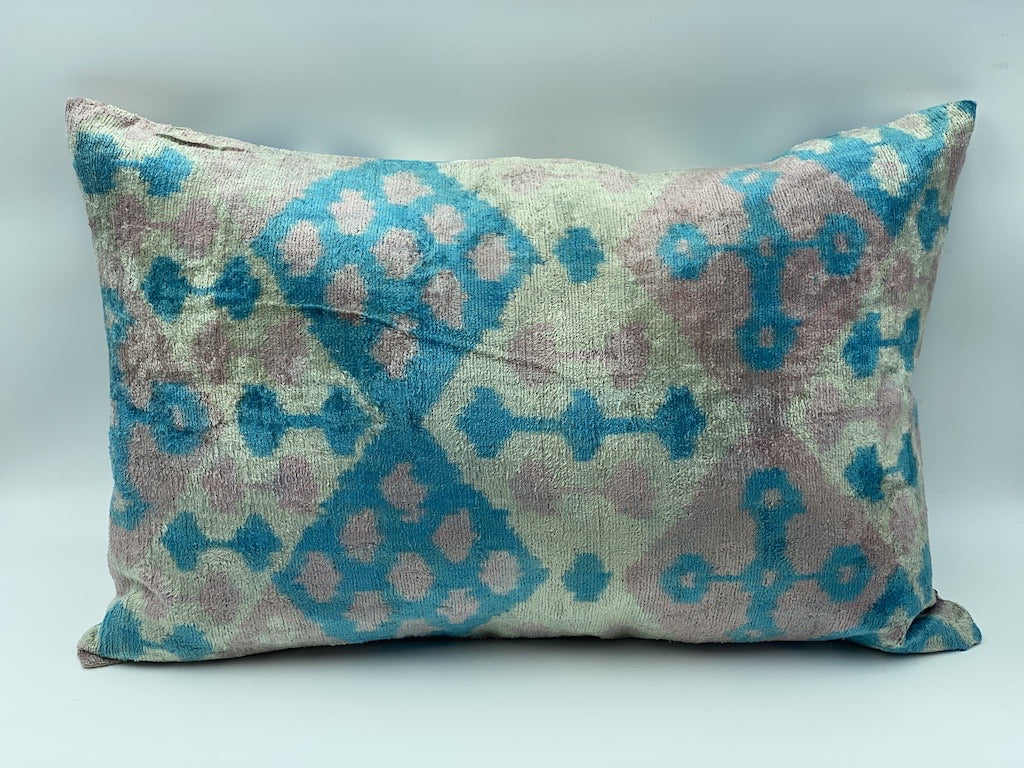 Velvet Double IKAT Silk Back Cushion (60*40) CM - Losange Blue Pink