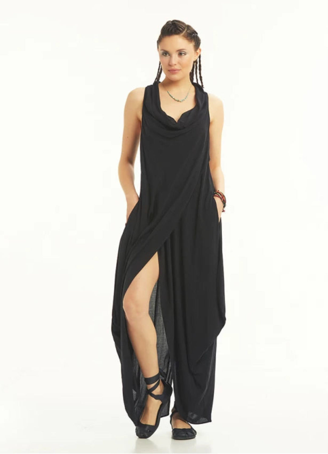 Degaje Cowl Neck Front Slit Dress - Black