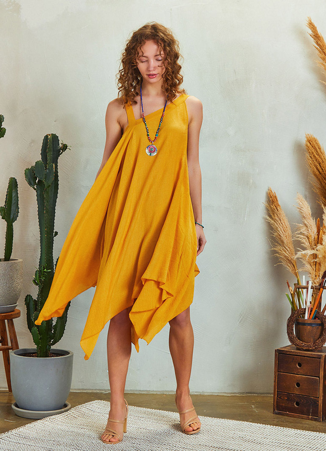 Asymmetrical Loose Fit Flowy Dress - Yellow