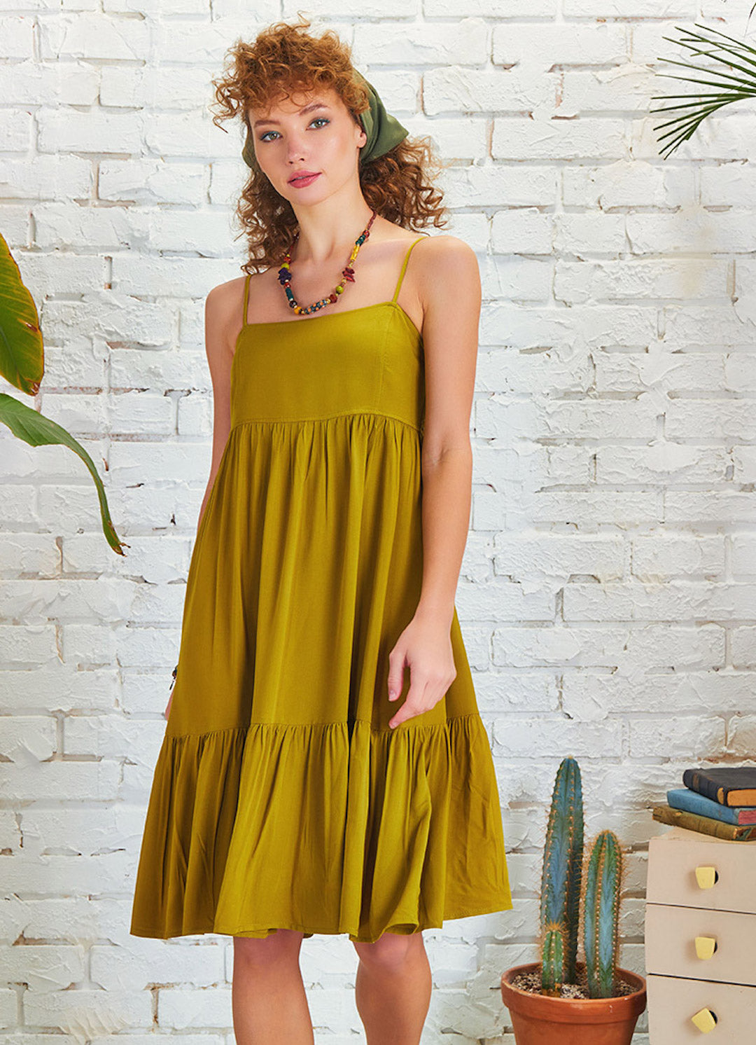 Tiered Square Neck Strappy Dress - Olive