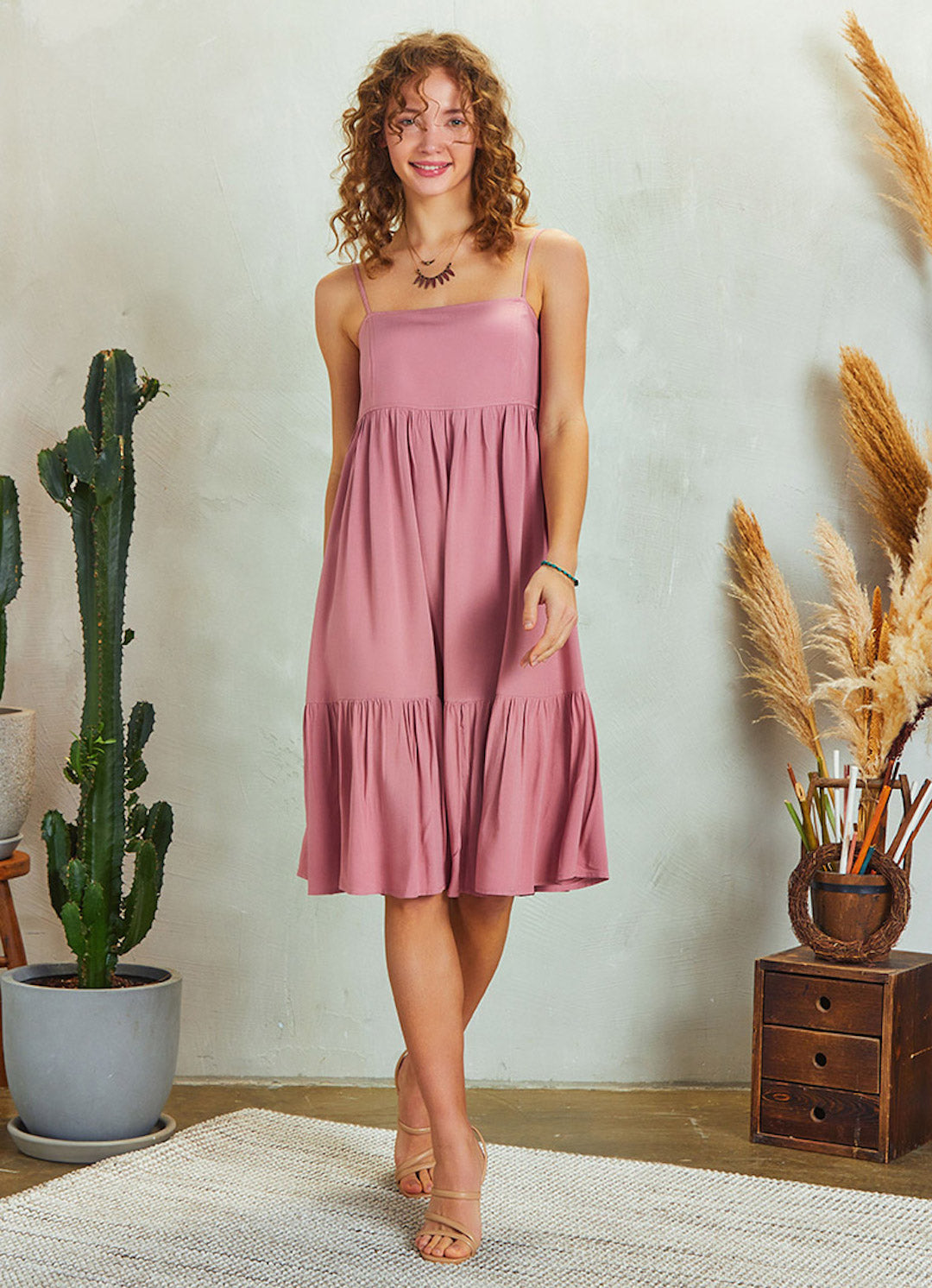 Tiered Square Neck Strappy Dress - Powder Pink