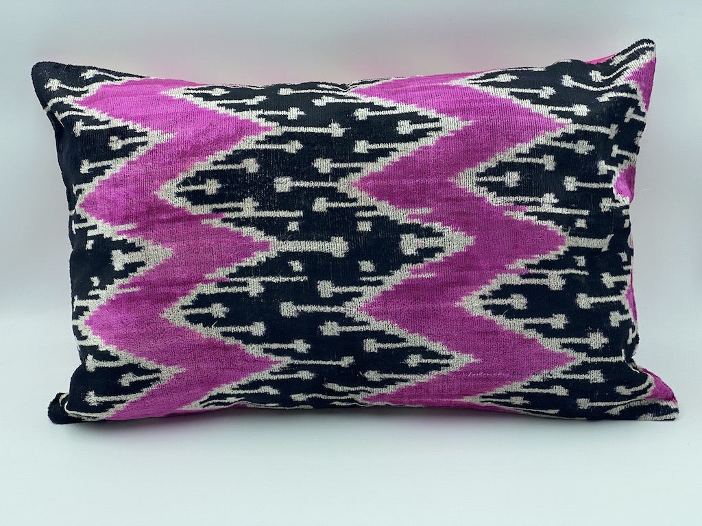 Velvet Double IKAT Silk Back Cushion Cover (60*40) CM - Fuschia Lines