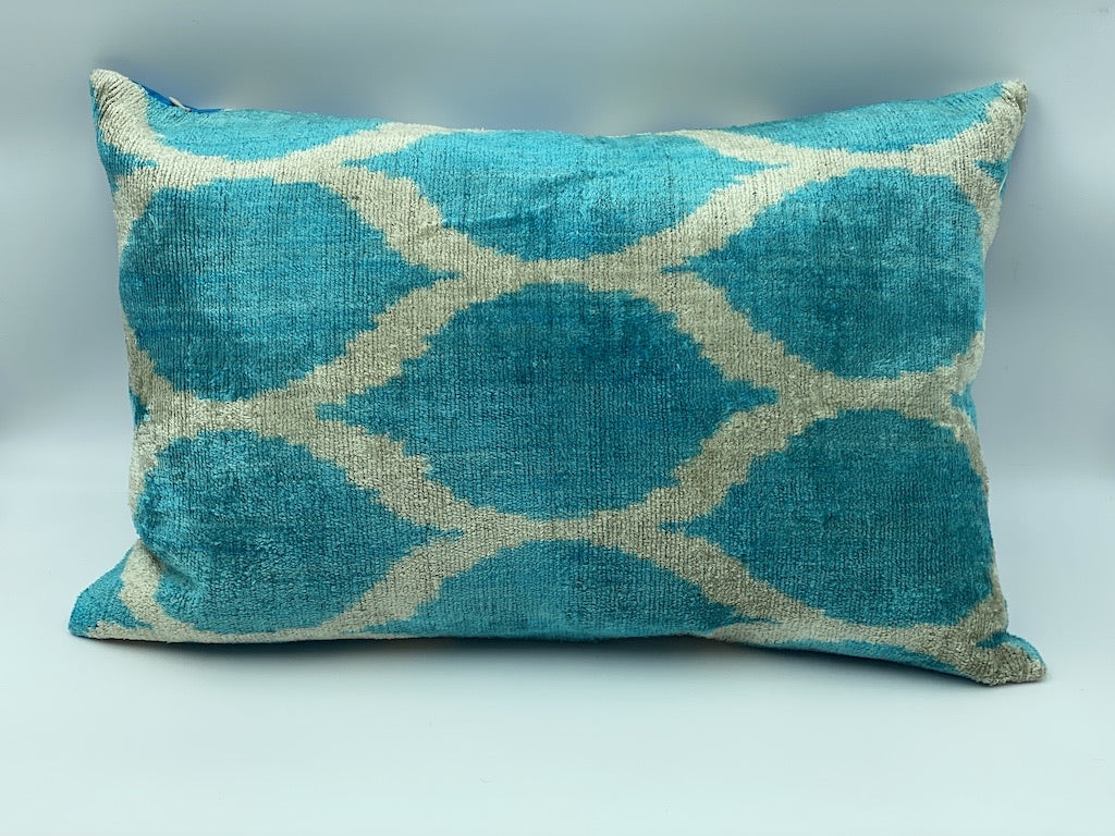 Velvet Double IKAT Silk Back Cushion (60*40) CM - Blue Seed