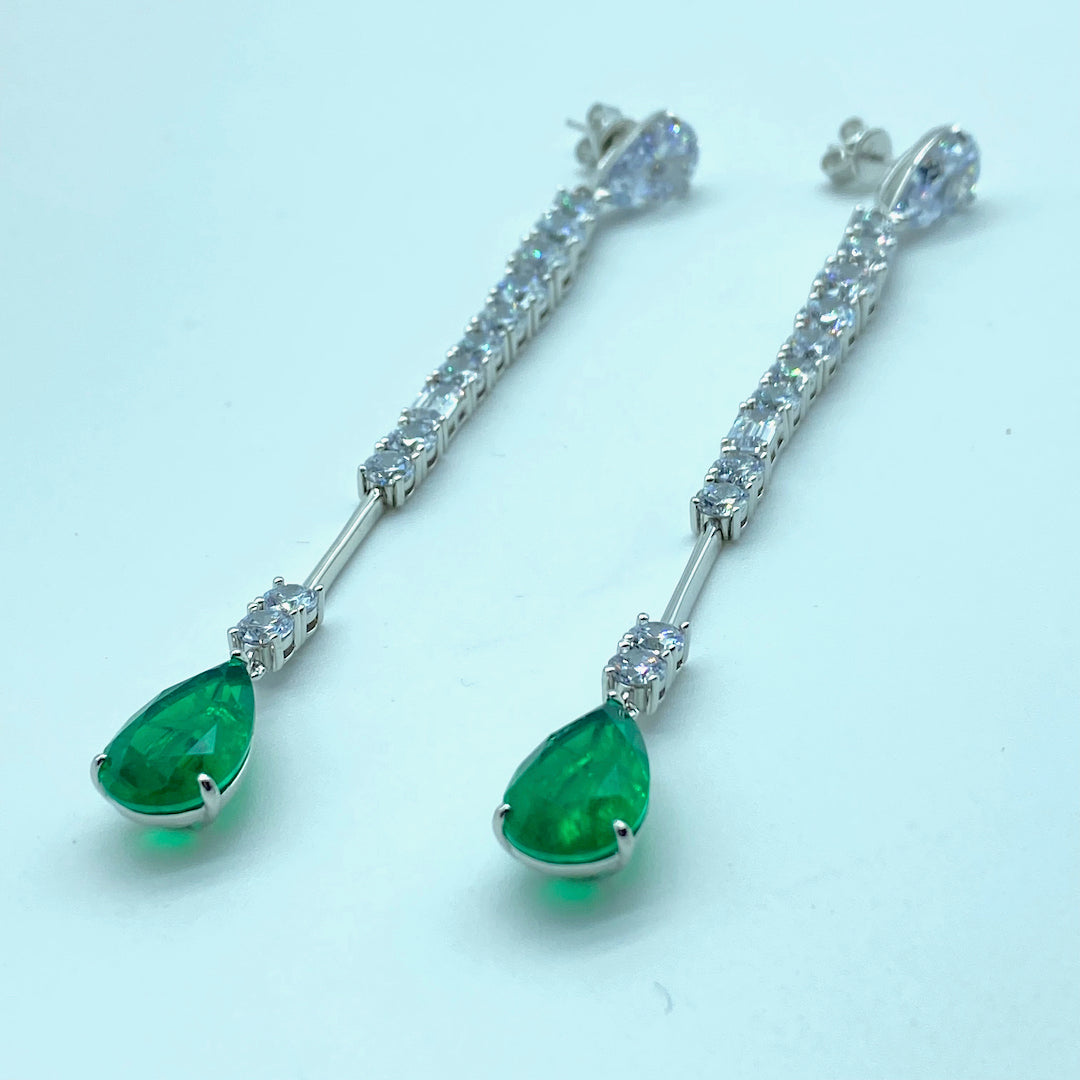 Long Dangle Emerald Crystal Push-Pin Earring - Sterling Silver Emerald Earring