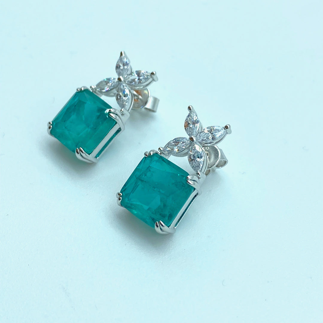 Square 4 Star Emerald Push-Pin Earring - Sterling Silver Emerald Earring