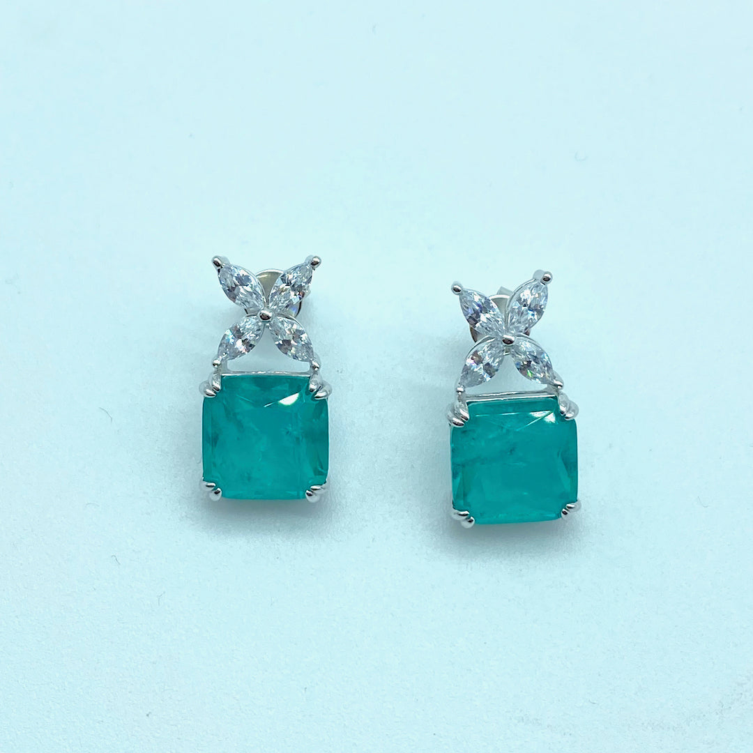 Square 4 Star Emerald Push-Pin Earring - Sterling Silver Emerald Earring