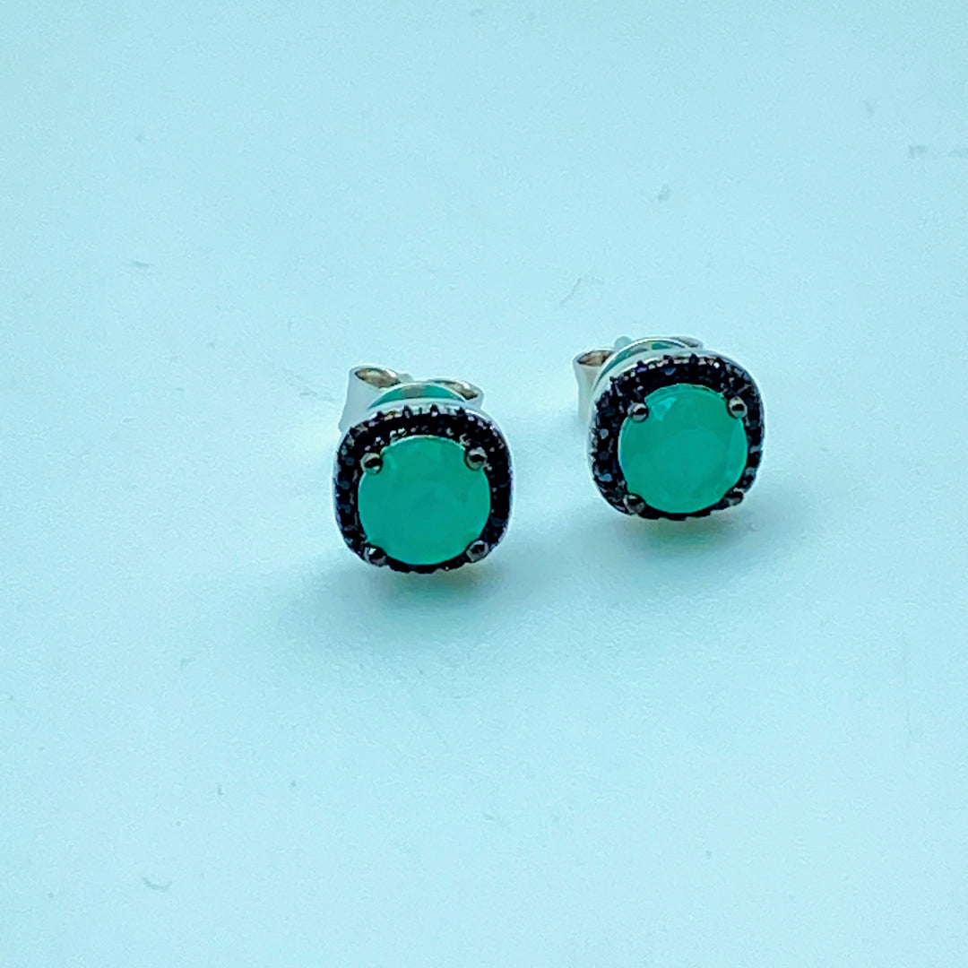Small Push Pin Black Pave Square Emerald- Sterling Silver Emerald Earring